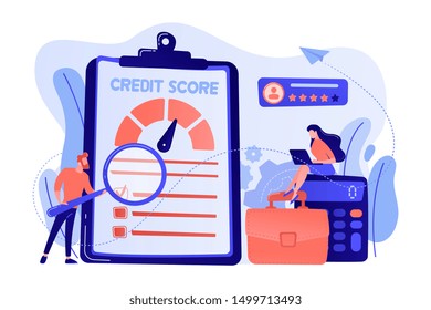 Tiny people analysts evaluating ability of prospective debtor to pay the debt. Credit rating, credit risk control, credit rating agency concept. Living coral bluevector isolated illustration