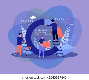 Tiny people analyzing data process diagram, Analysts testing binary code for software. Vector illustration data analysis, information technology industry concept