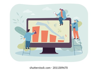 Tiny people analyzing decreasing statistics. Bar graphs on computer screen flat vector illustration. Finance, business, economy concept for banner, website design or landing web page