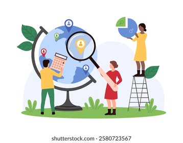 Tiny people analyzing global demographics with a globe, magnifying glass, and charts, illustrating demographic studies, population research, and sociology vector illustration.