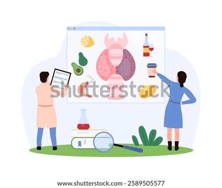 Tiny people analyzing the impact of healthy and unhealthy foods on thyroid gland, focusing on dietary choices, nutrition, and endocrine health vector illustration.