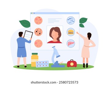 Tiny people analyzing skin health, studying dermatology issues and treatments, focusing on medical research and skincare practices vector illustration.