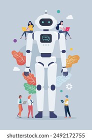 Tiny people with android robot. Cyborg Technology. Vector Illustration. 