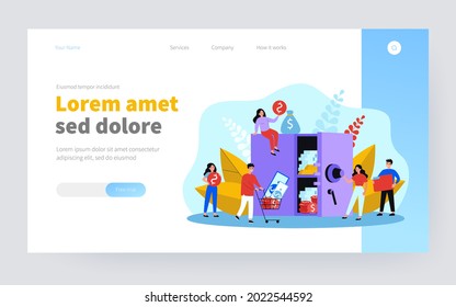Tiny people around of bank safe full of money isolated flat vector illustration. Cartoon characters protecting or securing their savings. Business and safe investment concept