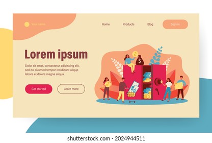 Tiny people around of bank safe full of money isolated flat vector illustration. Cartoon characters protecting or securing their savings. Business and safe investment concept