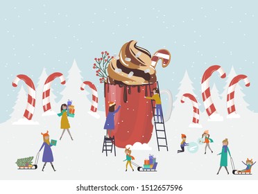 Tiny people around a huge mug of cocoa. Christmas scene with people on the street, sledding, skiing. Merry Christmas greeting card. Vector Illustration.