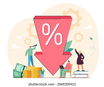 Tiny People And Arrow Of Loan Interest Rate Or Price Going Down. Male And Female Characters Looking For Sales And Discounts Flat Vector Illustration. Profit, Special Offer, Reduction In Cost Concept