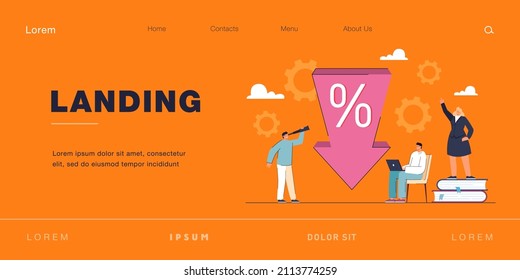 Tiny people and arrow of loan interest rate or price going down. Male and female characters looking for sales and discounts flat vector illustration. Profit, special offer, reduction in cost concept