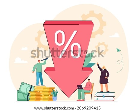 Tiny people and arrow of loan interest rate or price going down. Male and female characters looking for sales and discounts flat vector illustration. Profit, special offer, reduction in cost concept