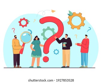 Tiny people asking questions and getting answers isolated flat vector illustration. Cartoon characters standing near huge question mark. Communication and business solution concept