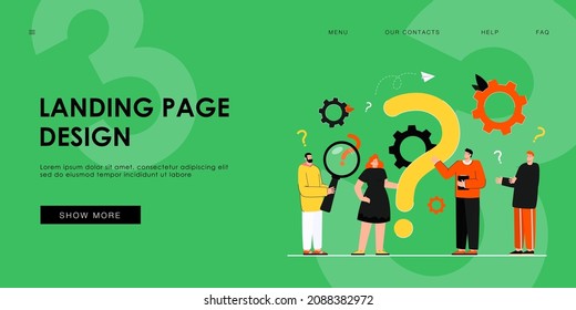 Tiny people asking questions and getting answers isolated flat vector illustration. Cartoon characters standing near huge question mark. Communication and business solution concept