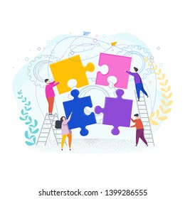 Tiny people assemble a puzzle. Metaphor of teamwork. Human resource. The cohesion of people around the same idea, the work to achieve a result. Vector flat cartoon Character illustration.