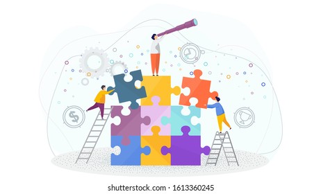 Tiny people assemble a puzzle. Metaphor of teamwork. Human resource. The cohesion of people around the same idea, the work to achieve a result. Vector flat cartoon Character illustration.