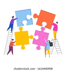 Tiny people assemble a puzzle. Metaphor of teamwork. Human resource. The cohesion of people around the same idea, the work to achieve a result. Vector flat cartoon Character illustration.