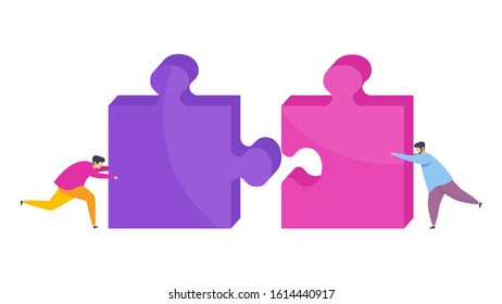 Tiny people assemble a puzzle. Metaphor of teamwork. Human resource. The cohesion of people around the same idea, the work to achieve a result. Vector flat cartoon Character illustration.