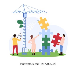 Tiny people assembling a puzzle to represent collaboration, strategic planning, and teamwork for achieving common objectives in a project vector illustration.