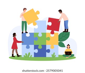 Tiny people assembling a puzzle structure representing teamwork, cooperation, and problem-solving to achieve collective goals in project development vector illustration.