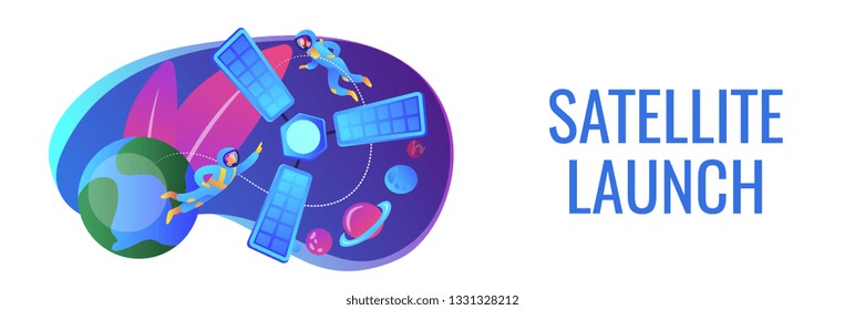 Tiny people astronauts in outer space and satellite orbiting the Earth. Satellite launch, orbital launch system, carrier rocket start concept. Header or footer banner template with copy space.