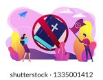 Tiny people atheists against religion and Bible prohibited sign. Atheistic worldview, absence of belief in deities, religious skepticism concept. Bright vibrant violet vector isolated illustration