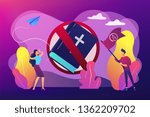 Tiny people atheists against religion and Bible prohibited sign. Atheistic worldview, absence of belief in deities, religious skepticism concept. Bright vibrant violet vector isolated illustration