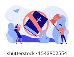 Tiny people atheists against religion and Bible prohibited sign. Atheistic worldview, absence of belief in deities, religious skepticism concept. Pinkish coral bluevector isolated illustration