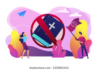 Tiny People Atheists Against Religion And Bible Prohibited Sign. Atheistic Worldview, Absence Of Belief In Deities, Religious Skepticism Concept. Bright Vibrant Violet Vector Isolated Illustration