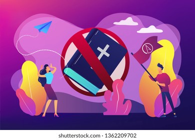 Tiny people atheists against religion and Bible prohibited sign. Atheistic worldview, absence of belief in deities, religious skepticism concept. Bright vibrant violet vector isolated illustration