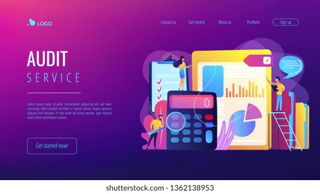 Tiny people auditors, accountant with magnifier during examination of financial report. Audit service, financial audit, consulting service concept. Website vibrant violet landing web page template.