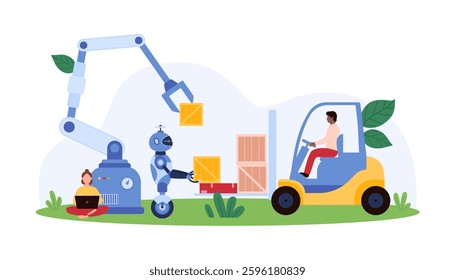 Tiny people automating warehouse operations with robots and machinery, illustrating innovation, technology, and efficiency in logistics vector illustration.
