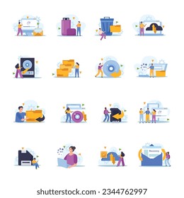 Tiny people back up data and recover files flat icons set isolated vector illustration