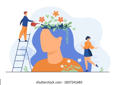 Pequeñas personas y hermoso jardín floral dentro de la cabeza femenina aislado ilustración plana vectorial. Personajes de caricatura sanando la mente y el alma por un estilo de vida feliz. Concepto de salud mental e infografía