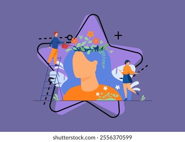 Tiny people and beautiful flower garden inside female head isolated flat vector illustration. Cartoon characters healing mind and soul for happy lifestyle. Mental health and infographics concept