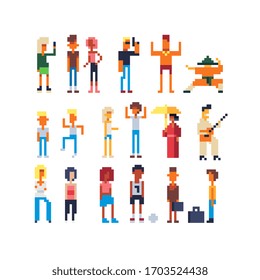 Tiny people, beautiful girl, trendy guy, rock singer, blonde, geisha, businessman, karate. Pixel art different characters set. Isolated vector illustration. Design for web and mobile app. 