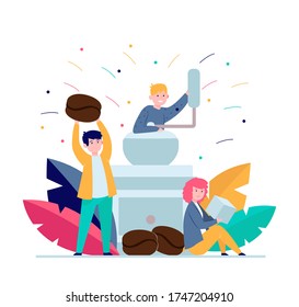 Tiny people and big coffee grinder. Bean, drink, sugar flat vector illustration. Hot beverages and coffee break concept for banner, website design or landing web page