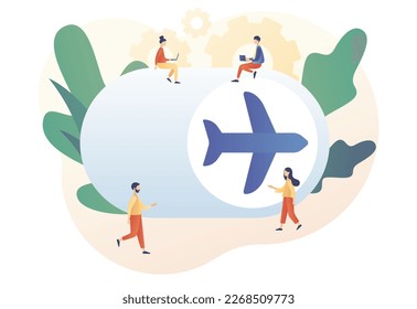 Tiny people and big flight mode button. Airplane mode concept. Info notification in air plane. Modern flat cartoon style. Vector illustration on white background