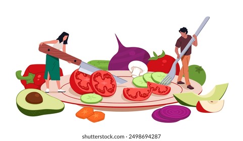 Tiny people with big fork and knife. Man and woman cutting vegetables, salad preparation, sliced tomatoes, cucumbers, avocado and pepper, chopped healthy food cartoon flat nowaday vector concept