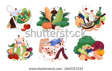 Tiny people with big healthy food set. Concept of proper nutrition. Characters are eating fresh fruit, organic vegetables, cooking from natural products. Flat isolated vector illustrations on white