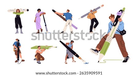 Tiny people with big pens, pencils set. Men and women hold stationery: brushes, highlighters, paintbrushes. Characters are writing, painting, drawing. Flat isolated vector illustrations on white