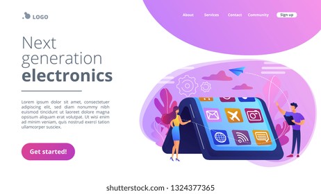Kleine Leute auf einem großen Smartphone mit flexibler Anzeige. Angebotstechnik, flexibles Anzeigegerät, Elektronikkonzept der nächsten Generation. Website lebendige violette Landing-Website-Vorlage.