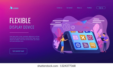 Tiny people at big smartphone with flexible display. Bendable device technology, flexible display device, next-generation electronics concept. Website vibrant violet landing web page template.