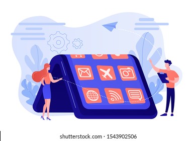 Tiny people at big smartphone with flexible display. Bendable device technology, flexible display device, next-generation electronics concept. Pinkish coral bluevector isolated illustration