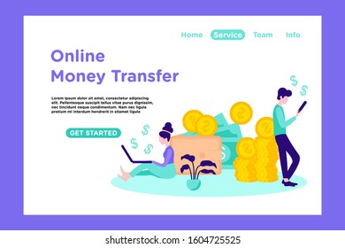 Tiny people with big wallet and stack of coin, online payment, online digital money transfer vector illustration, can use for landing page, web, mobile, app, banner, flyer, poster, homepage, template