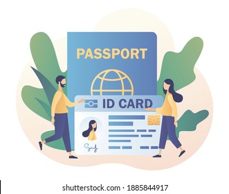 Tiny people with biometric documents. Smart ID card concept. Digital passport and Driver license. Electronic identity card. Modern flat cartoon style. Vector illustration on white background