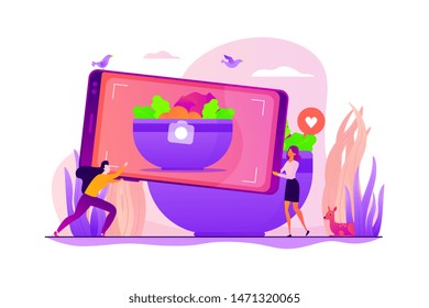 Tiny people bloggers with huge smartphone trying to take a photo of prepared dish for blog. Food blogging, food hunter review, foodie blog concept. Vector isolated concept creative illustration.