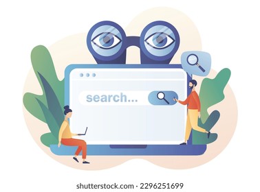 Tiny people browsing online information, surfing internet with binocular, magnifying glass on laptop screen. Search bar. SEO concept. Modern flat cartoon style. Vector illustration on white background