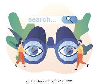 Pequeñas personas navegando información en línea, navegando por internet con binocular. Barras de búsqueda. concepto SEO. Estilo moderno de dibujos animados planos. Ilustración del vector sobre fondo blanco