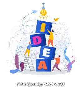 Tiny people build word idea out of blocks. Teamwork creative potential of the company. New idea engineering, business model innovation, motivate employee growth. Flat vector design thinking concept.