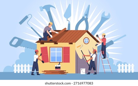 Gente diminuta construyendo una casa. Trabajadores profesionales de la renovación del hogar en el trabajo en equipo del overol, paredes que se pintan, ventanas instaladas, ilustración aislada del estilo plano de la historieta concepto ordenado de la construcción del Vector