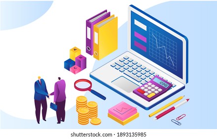 Tiny People Business Negotiations, Online Commercial Talks, Character Shake Hand Partner 3d Isometric Vector Illustration, Isolated On White. Monetary Currency Establishment, Financial Institution.