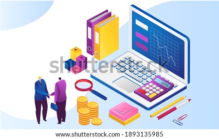 Tiny people business negotiations, online commercial talks, character shake hand partner 3d isometric vector illustration, isolated on white. Monetary currency establishment, financial institution.